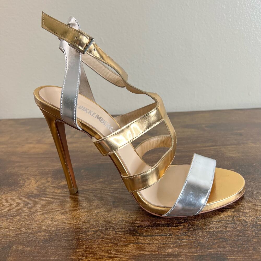 Dirk Bikkembergs Dress Sandals Pumps 8 Gold Silver Ankle Strap Stiletto Open Toe